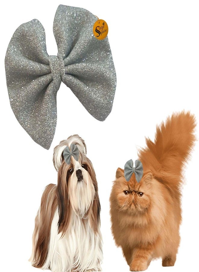 Sage Square Pet Glitter Bow - Elegant Non-Slip Hair Clip for Cats & Dogs | Fancy & Stylish Grooming Accessory | Perfect for Special Occasions, Weddings (Grey) - Image 1